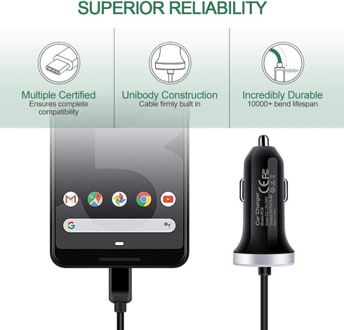 USB C Car Charger, 3.4A Fast Charging Adapter with 3ft Type C Coiled Cable for Samsung Galaxy A15 5G A14 A13 A53 A54