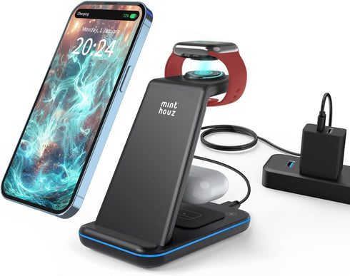 Minthouz 3 in 1 Fast Wireless Charging Station with 20W Adapter for Multiple Devices, Compatible with iPhone