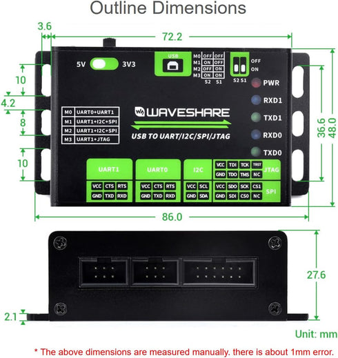 waveshare USB to UART/I2C/SPI/JTAG Converter, Supports USB to 2-ch UART, USB to 1-ch UART + 1-ch I2C + 1-ch SPI, or USB