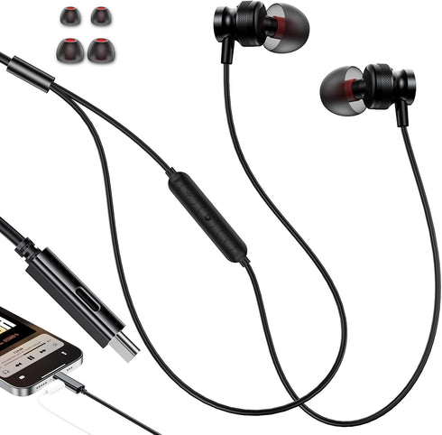 USB C Headphones with Charging for iPhone 15 Plus Pro Max, Samsung S24 S23 S22 A53 - Magnetic Wired Earbuds with Mic