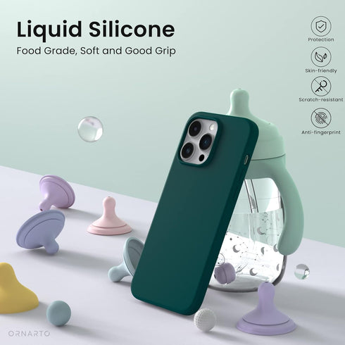 ORNARTO iPhone 14 Pro Max Case 6.7, Slim Liquid Silicone 3 Layers Full Covered Soft Gel Rubber Protective Cover, Olive
