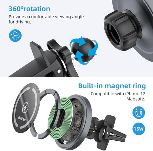 OHLPRO MagSafe Car Charger Mount for iPhone 15 Pro Plus Max 14 13 12 Series, 15W Fast Charging
