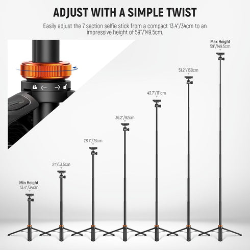 NEEWER 59" TS04 Basics Selfie Stick Tripod Compatible with iPhone DLSR Canon Sony Camera, Small Metal Portable Travel