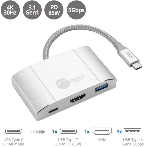 SIIG USB-C Hub with 4K 30hz HDMI, 85W Laptop Charging, 3X USB 3.1 Gen 1 Type A Ports