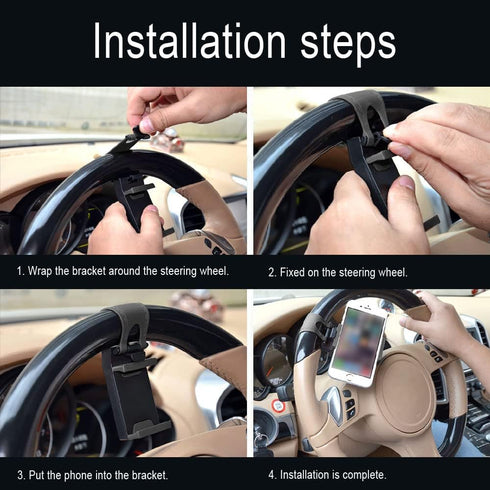 Car Steering Wheel Phone Mount, Portable Clip Holder for Universal Smartphone Use (Black)