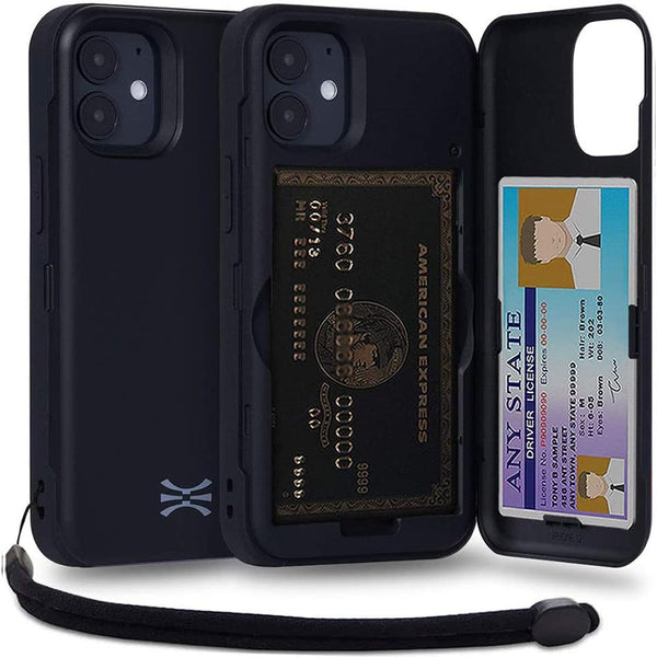 TORU CX PRO Wallet Case for iPhone 12 Mini, Protective Shockproof Cover with Hidden Card Holder & Wrist Strap - Black