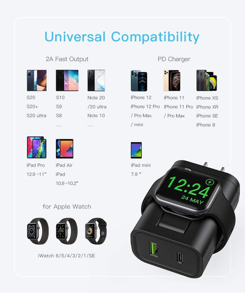 24W USB C Charger, 3 in 1 Design with Apple Watch Wireless Charger, PD Charger for iPhone and AirPods