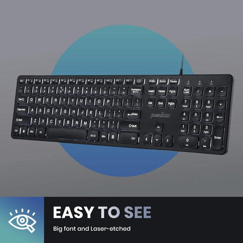 Perixx PERIBOARD-331 Wired Backlit USB Keyboard, Slim Design with Big Font Keys, White Illuminated LED
