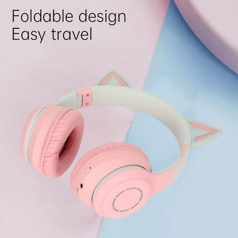 KUIDAMOS Cat Ear Headphones with Detachable Microphone, 7 Colors LED Lights, Foldable Over Ear Headphones, BT and Wired