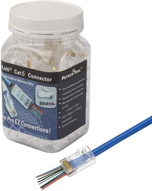 PETECHTOOL RJ45 CAT5 CAT5e Pass Through Connectors 50 Pack - Gold Plated Modular Plug for Ethernet Cables