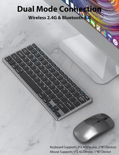 Wireless Keyboard and Mouse for Mac, 2.4G/Bluetooth Combo Ultra Slim Compact 78 Keys Rechargeable Low Profile Set