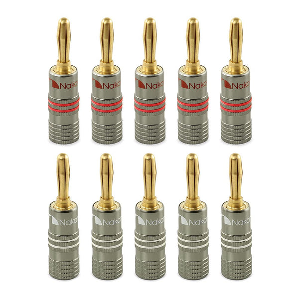 Nakamichi Ultimate Series 24K Gold Plated Beryllium Red Copper Banana Plug, 12-18 AWG Gauge Size, 4mm Connector, 10 Pcs