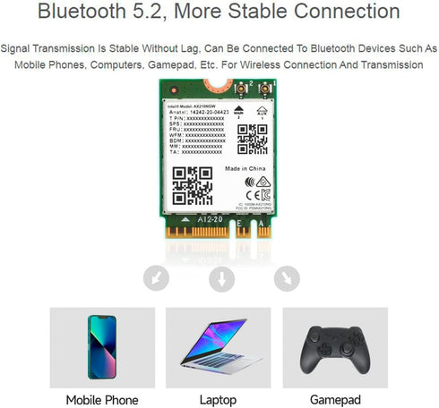 Wireless AX210 NIC, Gigabit Tri-Band Wi-Fi 6E, 802.11AX Standard, Bluetooth 5.2, AX210 NGW Wifi Card, MU-MIMO NGFF