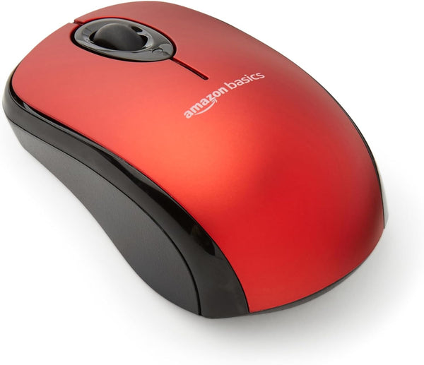 Amazon Basics 2.4 Ghz Wireless Optical Computer Mouse with USB Nano Receiver, Red