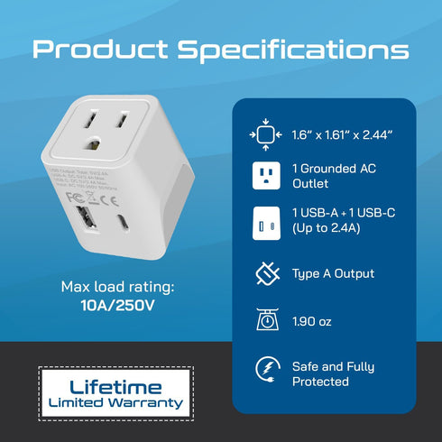 Ceptics (CTU-6) Japan, Philippines Travel Adapter Plug with USB-A + USB-C - Usa Input - Type A - Ultra Compact