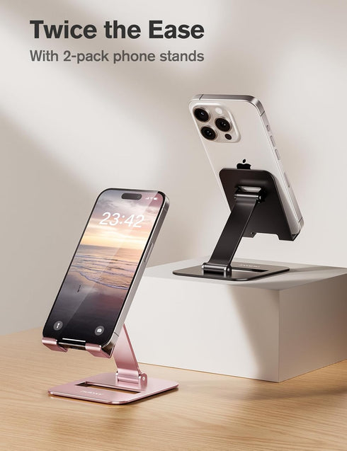 Nulaxy 2 Pack Dual Folding Cell Phone Stand, Fully Adjustable Phone Holder for Desk, Compatible with iPhone 15 14 13 12 11, Nintendo Switch, All Phones, Black & Rose Gold