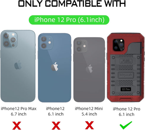 Mitywah Heavy Duty Waterproof Case for iPhone 12 Pro, Shockproof with Built-in Screen Protector, 6.1 Inch, Red