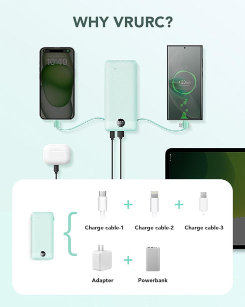 VRURC Portable Charger 10000mAh, Built-in Cables & AC Wall Plug, Compact Lightweight Power Bank for Smart Phones - Green
