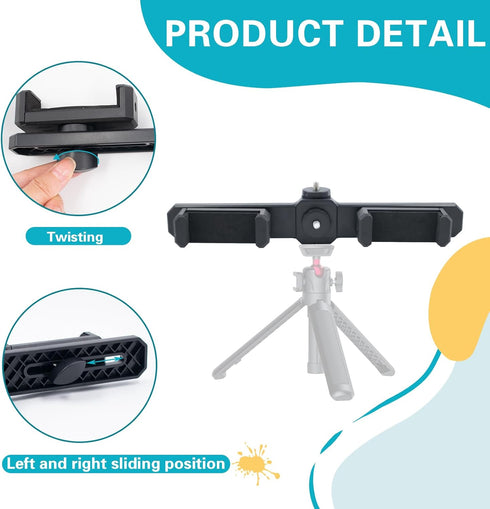 Hiyoo 360 1/4'' Universal Dual Cell Phone Holder Smartphone Tripod Mount Adapter, Rotation Adjustable Clamp for Vlog