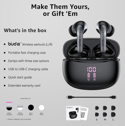 iBUD Buds - Wireless Noise Cancelling Earbuds, 36Hr Playtime, Bluetooth 5.3, IPX5 Waterproof, Secure Comfort Fit, 4