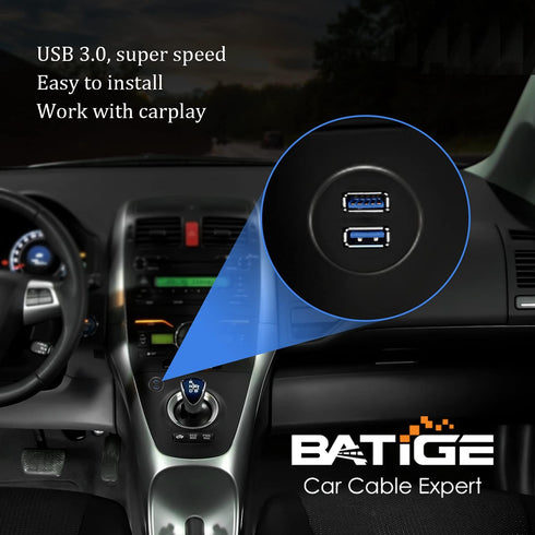 BATIGE 2 Ports Dual USB 3.0 Male to USB 3.0 Female AUX Flush Mount Car Extension Cable for Car Truck Boat Motorcycle,
