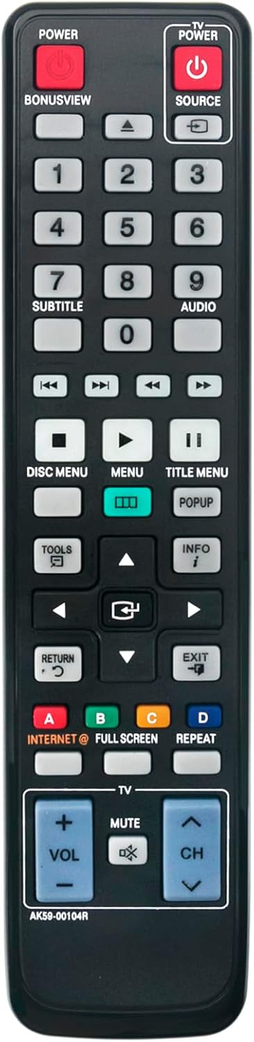 AK59-00104R Replaced Remote for Samsung Blu-ray DVD Player, Models BD-C6500, BD-C5500, BD-D6500/ZA, BD-D6100C/ZA,