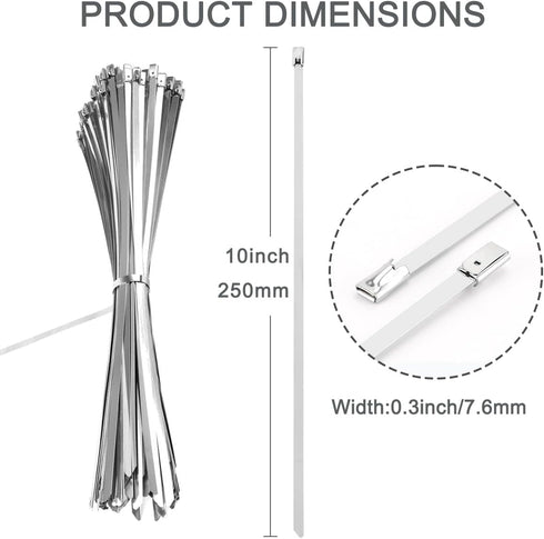 25 PCS Heavy Duty Zip Ties, 10 Inch Outdoor Cable Ties, 304 Stainless Steel for Home Improvement, Machinery, Vehicles
