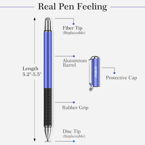 MEKO Stylus Pens for Touch Screens, 2 in 1 Universal Disc Stylus Pens for iPhone, iPad and All Capacitive Cell Phones, Tablets, Laptops Bundle with 6 Replacement Tips - (2 Pcs, Blue/Silver)