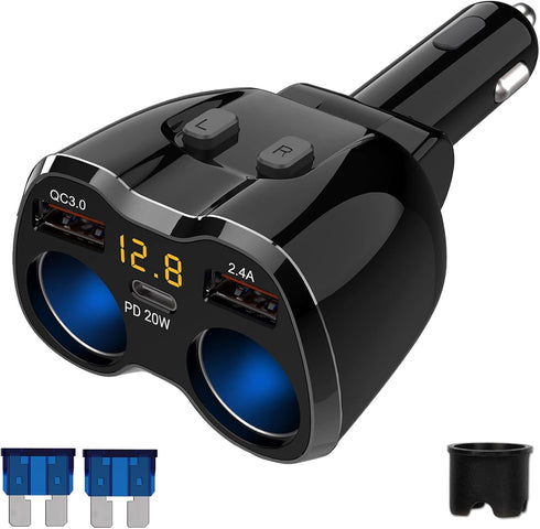 Cigarette Lighter Splitter 2 Socket, Qidoe 150W Cigarette Lighter Adapter 20W USB C Car Charger and 18W QC3.0 Multi