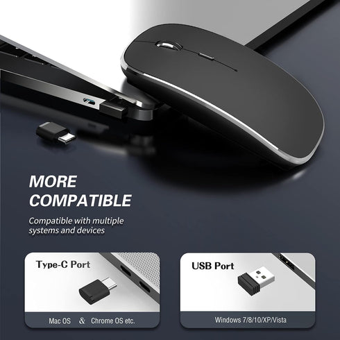 Wireless Mouse Chargeable Portable Silent Wireless Mouse USB and Type-C Dual Mode Wireless Mouse 3 adjustable DPI for Laptop, Mac, MacBook, Android, PC (Q23S Black) (Black)