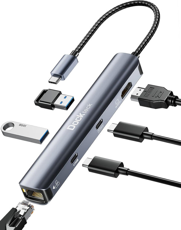USB C Hub Ethernet, 6 in 1 Laptop Docking Station, Dockteck USB C Multiport Adapter with 4K HDMI, 100W PD, and USB Ports