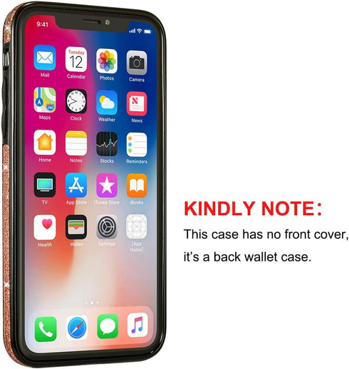 UEEBAI Case for iPhone X/XS - Premium Glitter PU Leather Wallet Cover with Card Slots, Rose Gold