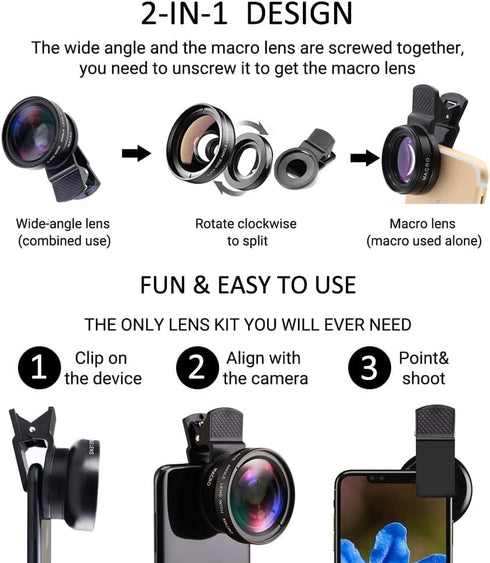 Mcoplus 2 in 1 Clip-on Lens Kit, 37mm 0.45X Super Wide Angle & Macro Lens for iPhone and Android