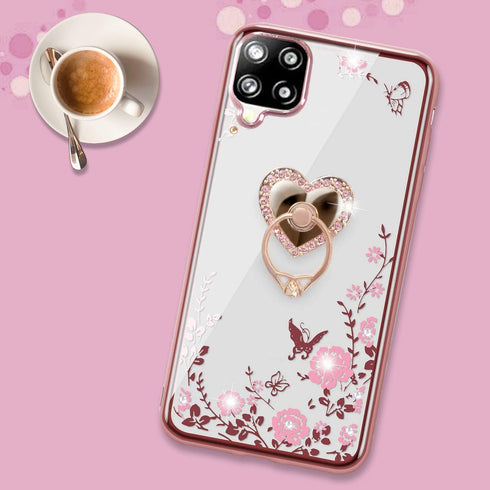 B-wishy Glitter Crystal Butterfly Heart Floral Case for Samsung Galaxy A12 5G, Slim Luxury Bling TPU with Ring Grip