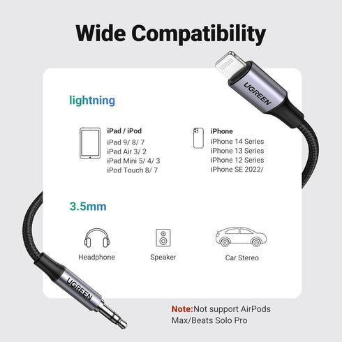 UGREEN 3.3FT Aux Cord for iPhone: MFi Certified Lightning to 3.5mm Audio Jack, compatible with iPhone 14 Pro