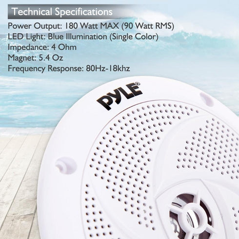 Pyle Marine Speakers - 5.25 Inch 2 Way Waterproof Outdoor Audio System with LED Lights, 180 Watt Power - 1 Pair