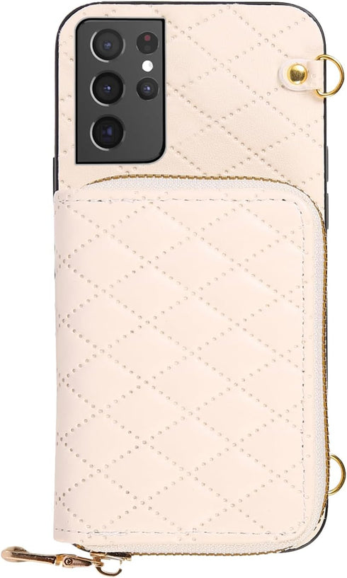 Furiet Detachable Crossbody Strap Wallet Case for Samsung Galaxy S21 Ultra 5G, Zipper Purse, Multi Card Slots, PU