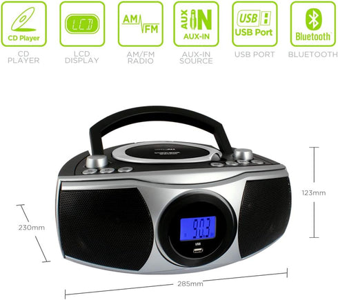 HANNLOMAX HX-315CD Portable CD/MP3 Boombox, AM/FM Radio, Bluetooth, USB Port for MP3 Playback, LCD Display, AC/DC Power