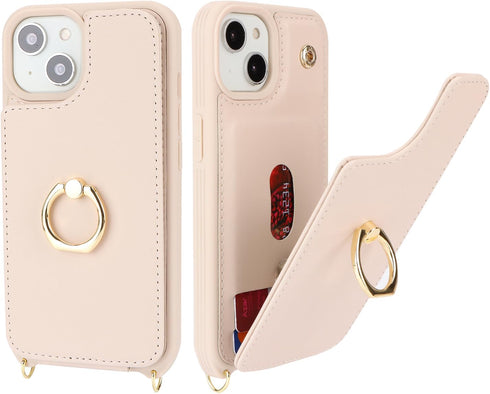 for iPhone 14 Case with Card Holder for Women,iPhone 14 Phone Case with Strap,Crossbody Lanyard,Ring Stand,Snap Clasp,Cute Wallet Cases 6.1 inch (Beige)