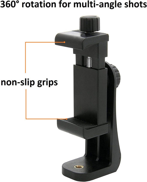 Alphx Innovations Alphx Tripod Phone Adapter with Adjustable Clamp, Vertical and Horizontal Holder to Mount Cell Phones