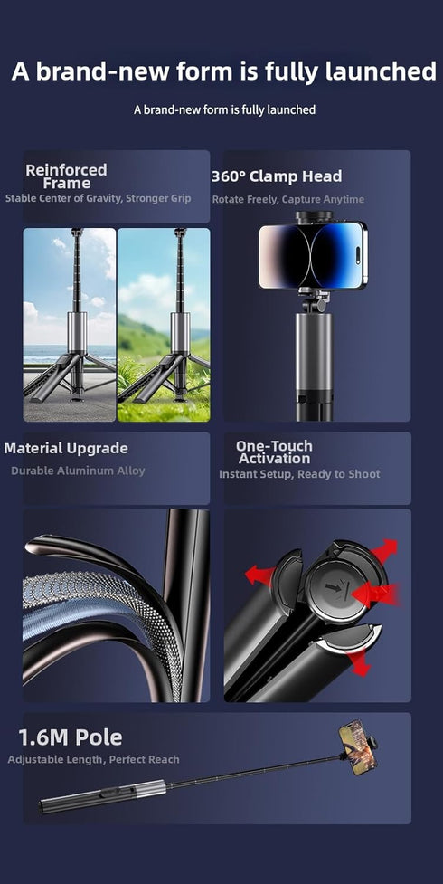 VistaGrip 63 10M Selfie Stick Tripod for iPhone/Android - Expandable Phone Tripod with Fill Light, Bluetooth Remote