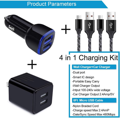 USB Wall Charger with Micro USB Cable for LG Stylo and Samsung Galaxy, Fast Charging Set with Car Adapter