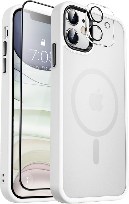 MOCCA Slim Shockproof Case for iPhone 11 (6.1") - Frosted White, MagSafe Compatible, with Glass & Camera Lens