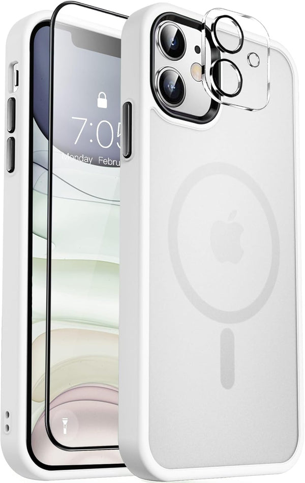 MOCCA Slim Shockproof Case for iPhone 11 (6.1") - Frosted White, MagSafe Compatible, with Glass & Camera Lens
