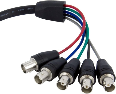 1 Ft Coax HD15 VGA to 5 BNC RGBHV Monitor Cable, 1 x HD-15 Male VGA, 5 x BNC Female Video, 1ft, Black