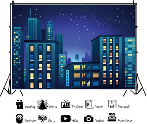 Haoyiyi 10x6.5ft Cartoon Photography Backdrop, Modern Cityscape Skyline for Birthday Party Event Decoration
