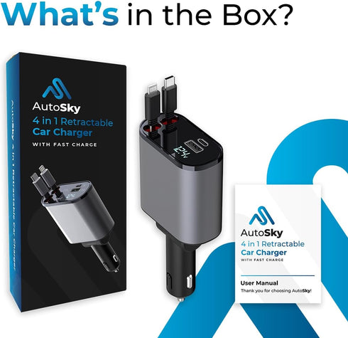 AutoSky 4 in 1 Retractable Car Charger - 100W USB C & iPhone Cable, Fast Charger with USB-C, USB-A Ports for iPhone,