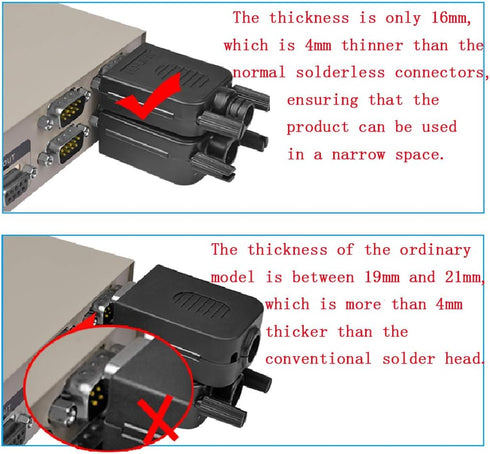 2PCS Male VGA Solderless Quick Connector, 16mm Thinner 3+9 DB15 Serial Plug to 15-pin Port