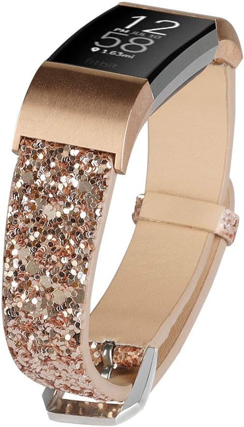 Bling Bands Shiny Glitter Leather Replacement Strap for Fitbit Charge 2, Compatible Women Wristbands