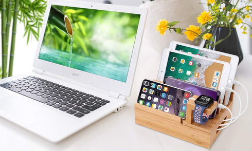 Charging Station Organizer, Fast Charging Station for Multiple Devices, 5-Port USB Bamboo Wood Charging Dock, Universal